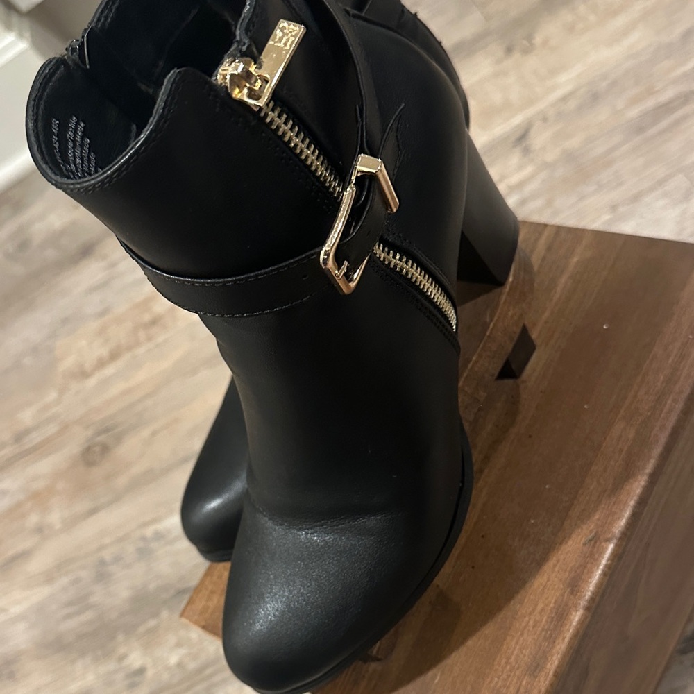 New York & Company Black Ankle Booties with Gold Buckle & Zip